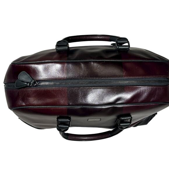 TED BAKER LEATHER OVERNIGHT BAG BURGUNDY AND BLACK CHECK - Picture 5 of 13